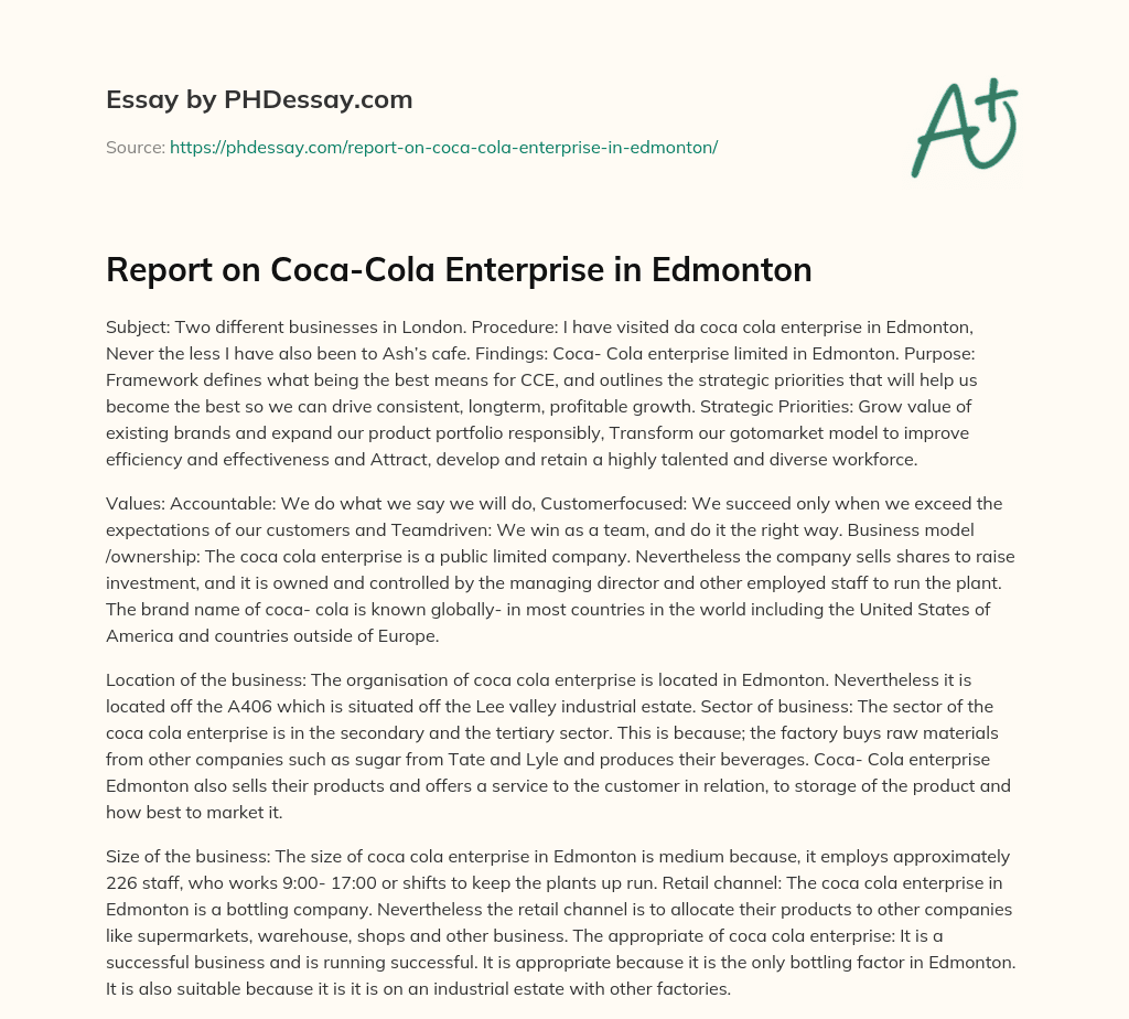 Report on Coca-Cola Enterprise in Edmonton essay