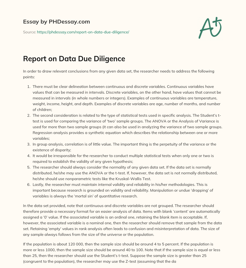 Report on Data Due Diligence essay
