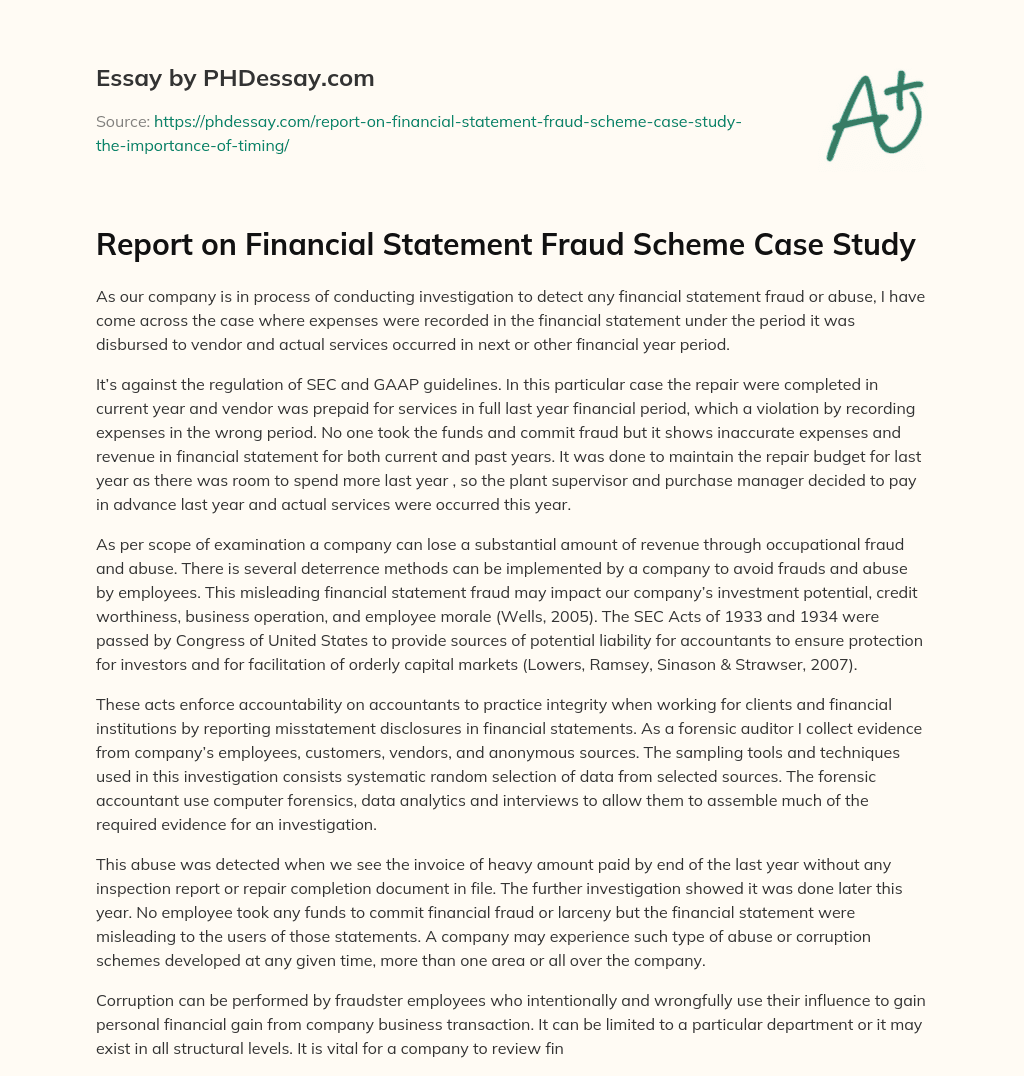 Report on Financial Statement Fraud Scheme Case Study essay