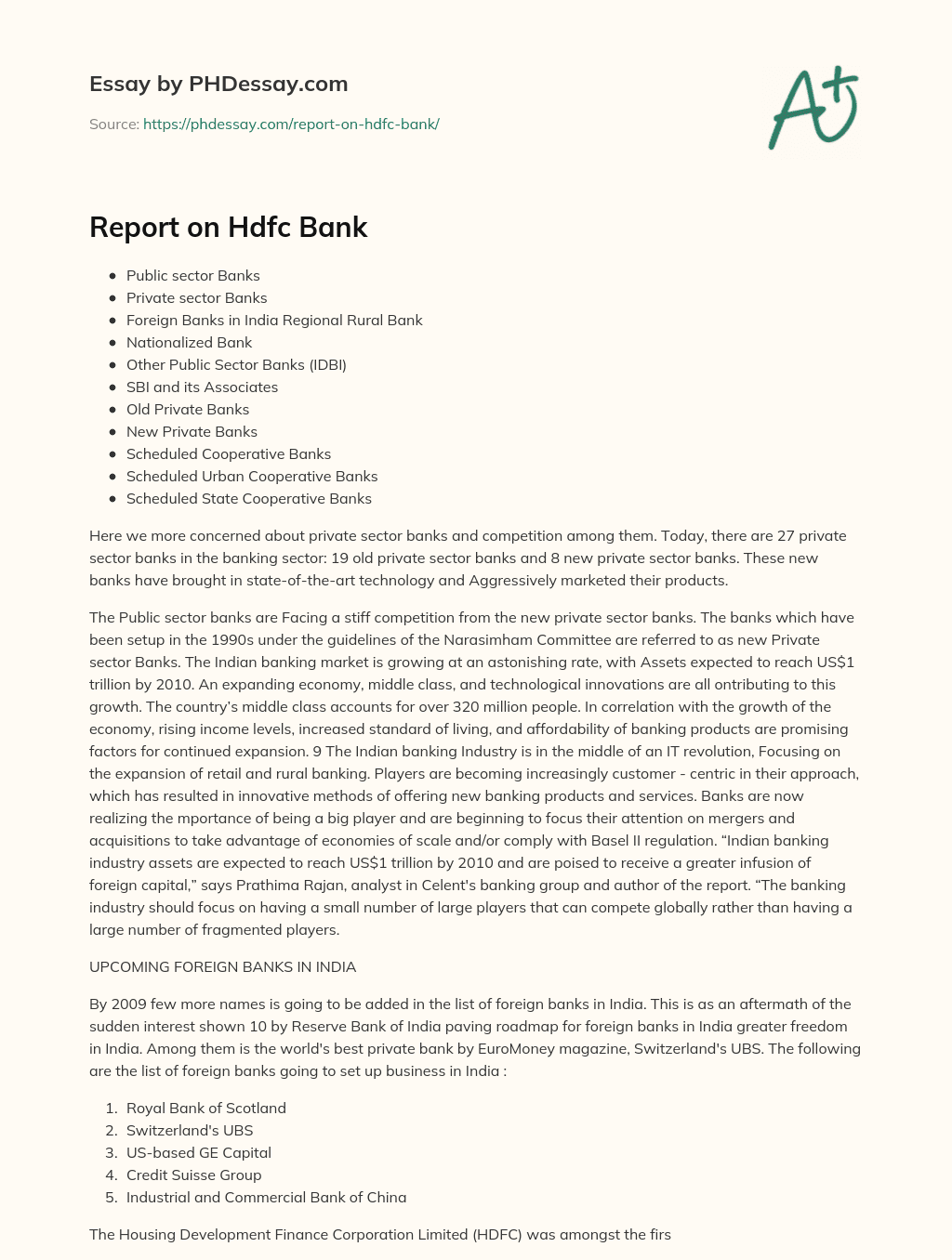 Report on Hdfc Bank essay