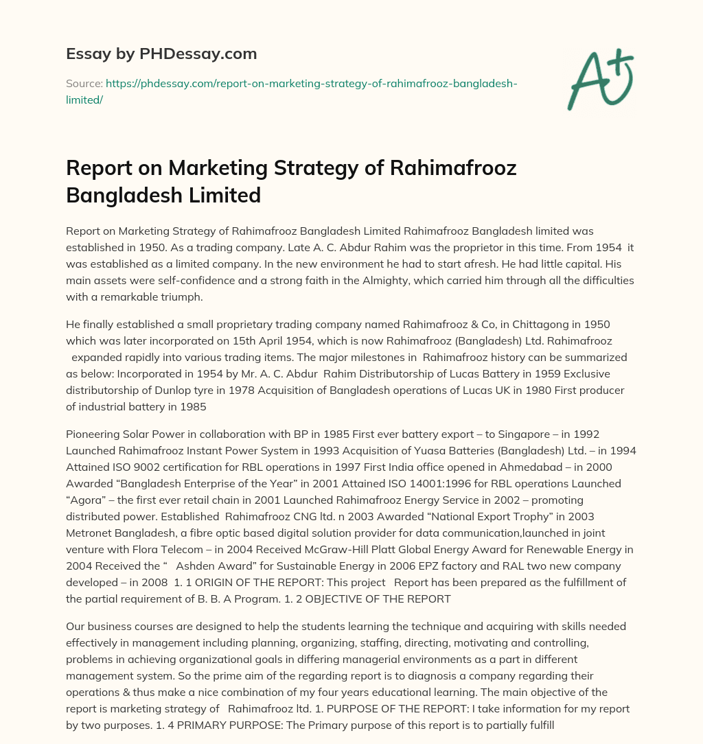 Report on Marketing Strategy of Rahimafrooz Bangladesh Limited essay