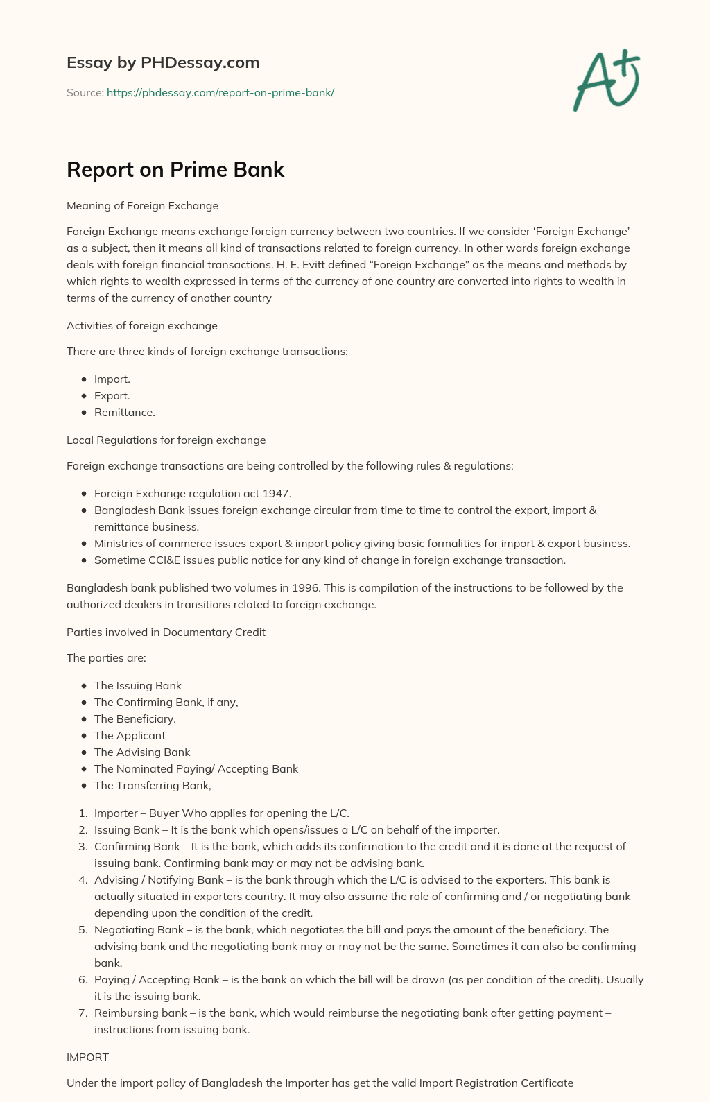 Report on Prime Bank essay