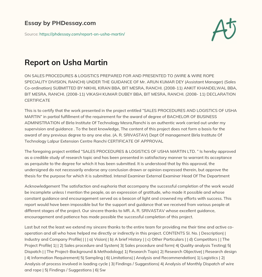 Report on Usha Martin essay