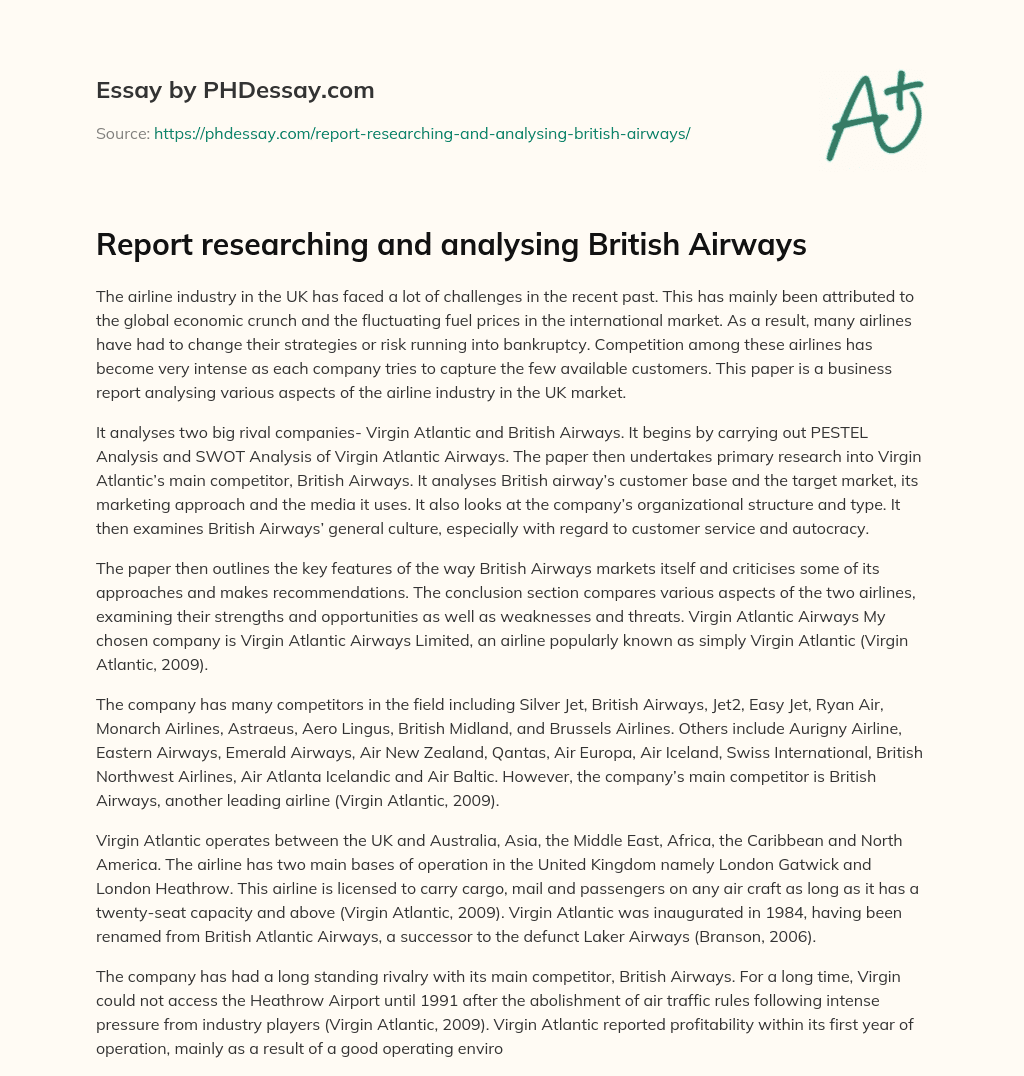 Report researching and analysing British Airways essay