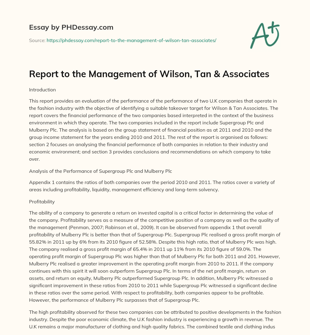 Report to the Management of Wilson, Tan & Associates essay