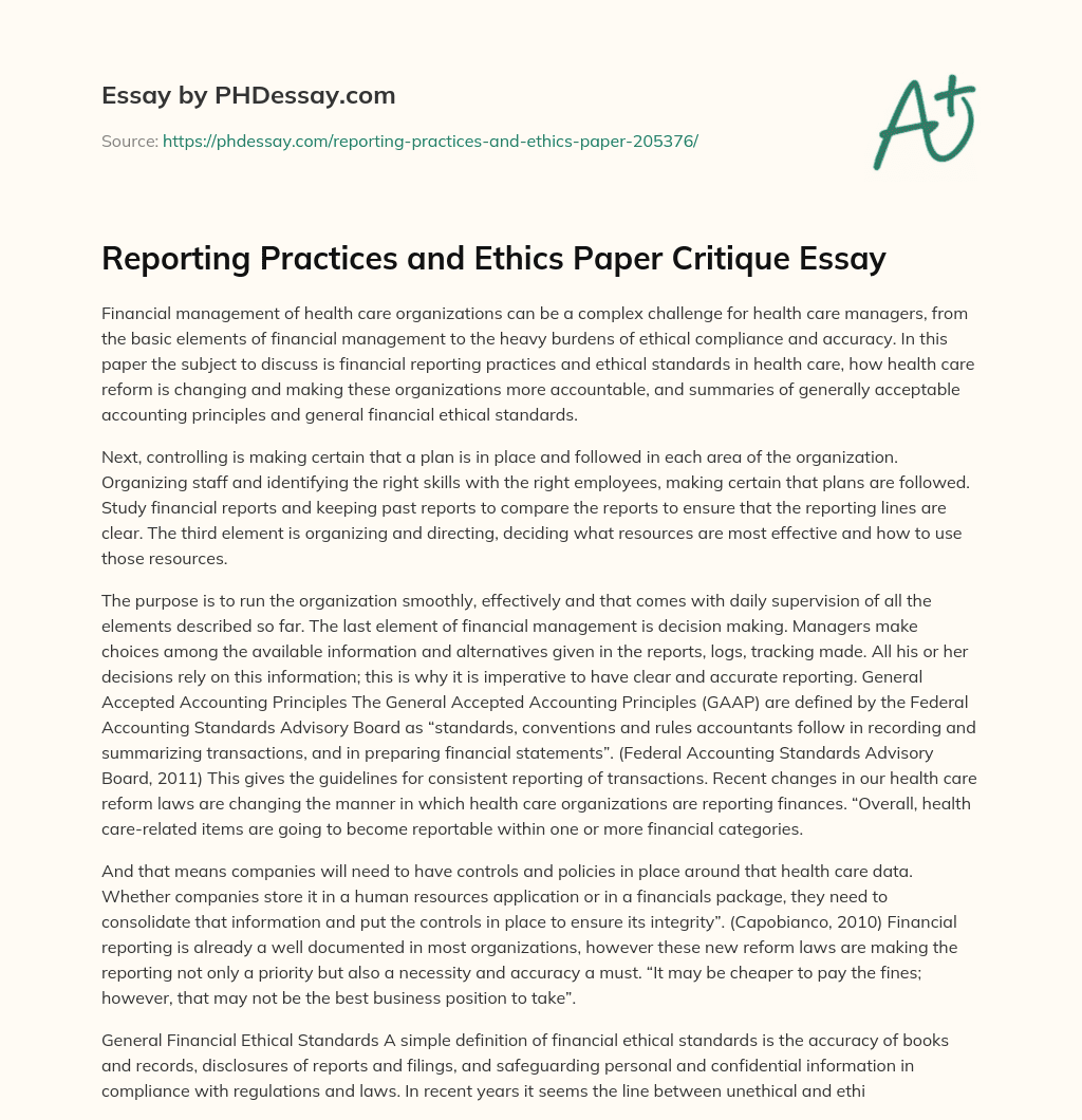 Reporting Practices and Ethics Paper Critique Essay essay