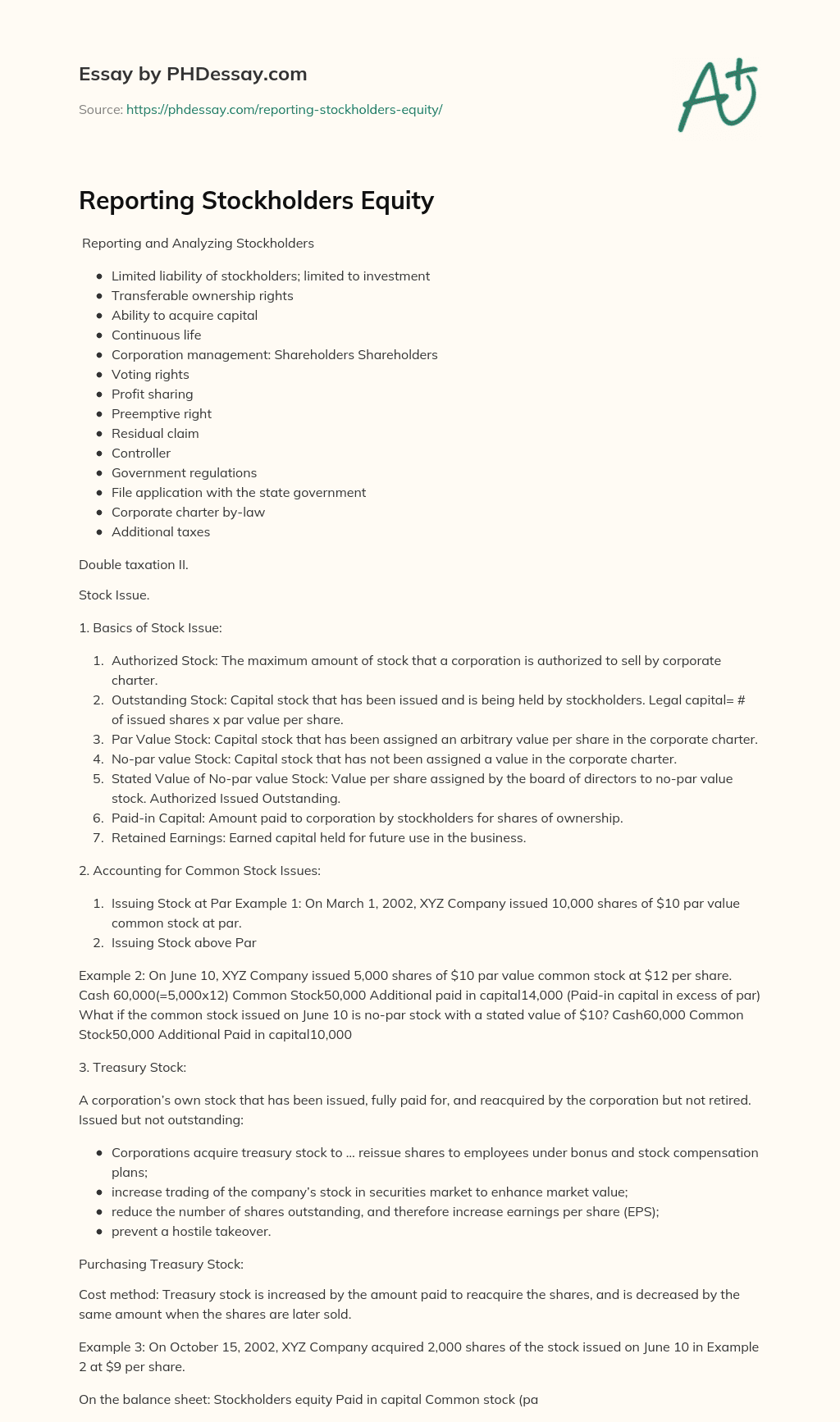 Reporting Stockholders Equity essay