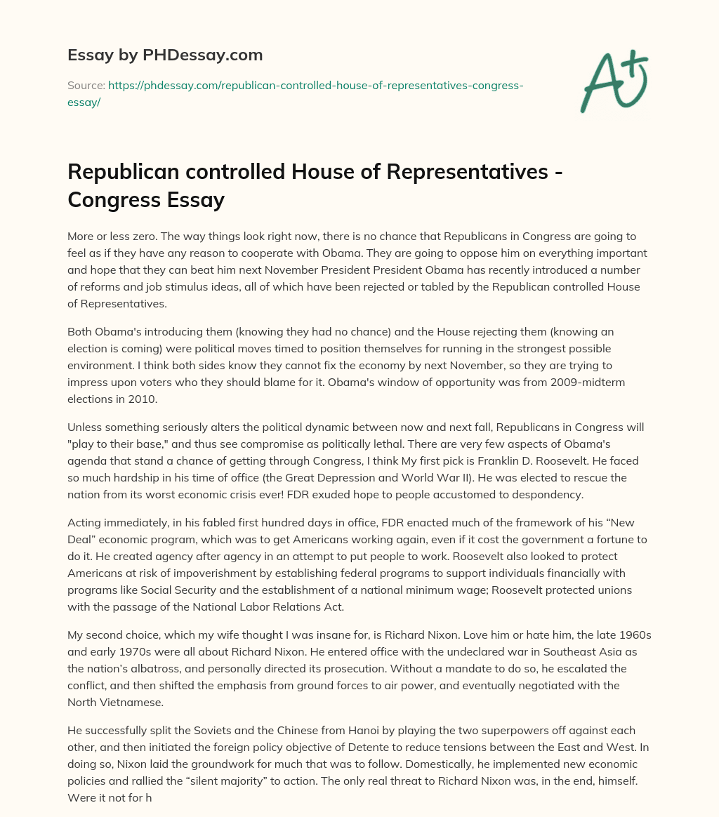 Republican controlled House of Representatives – Congress Essay essay