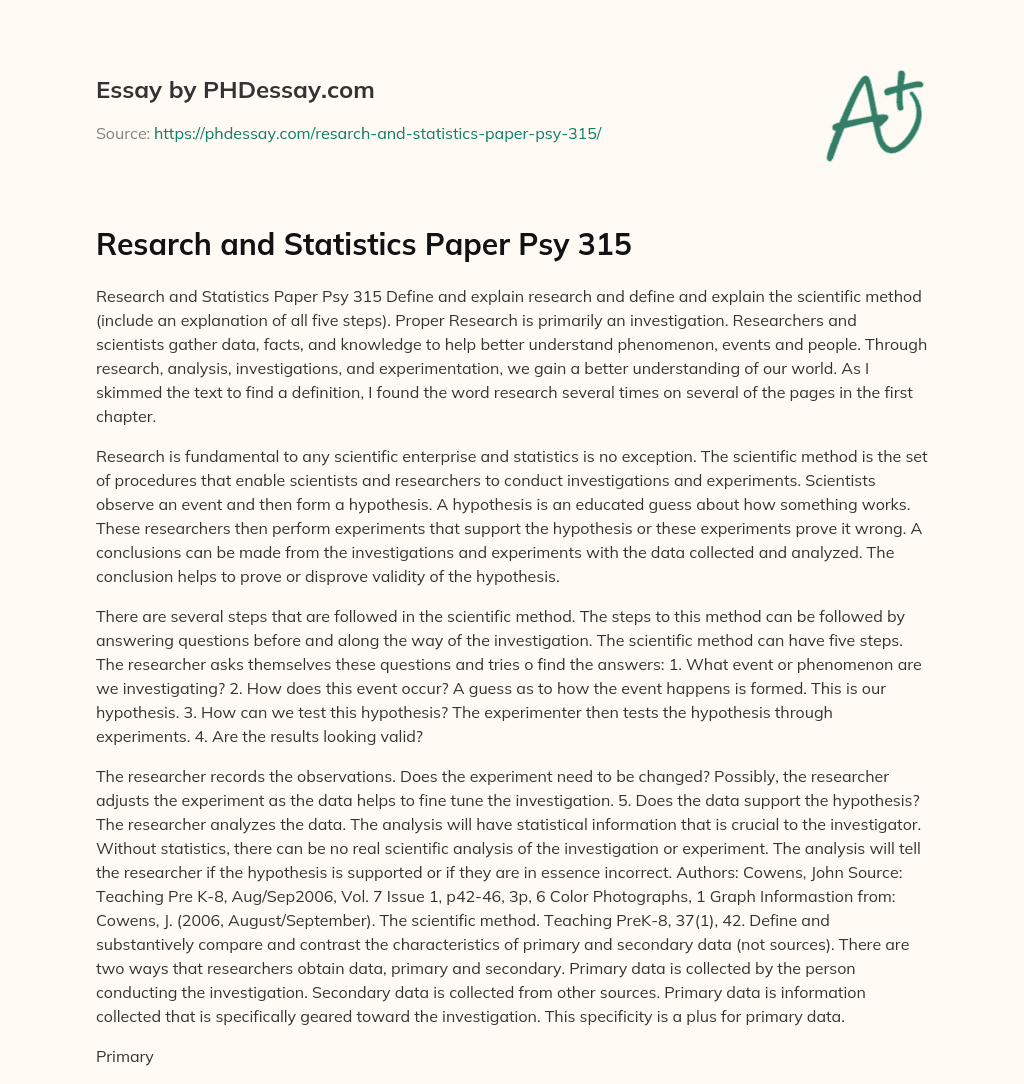 Resarch and Statistics Paper Psy 315 essay