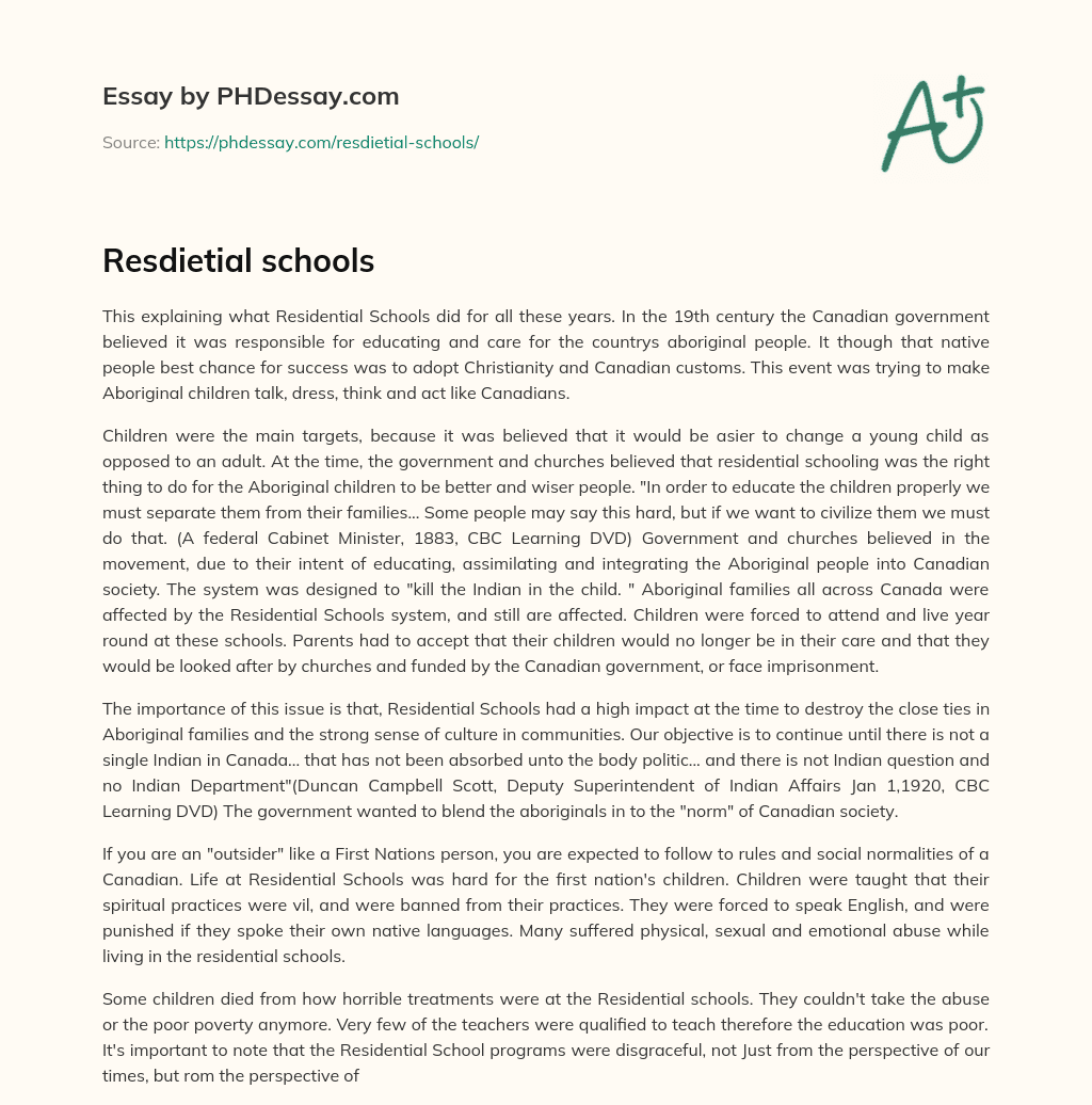 Resdietial schools essay