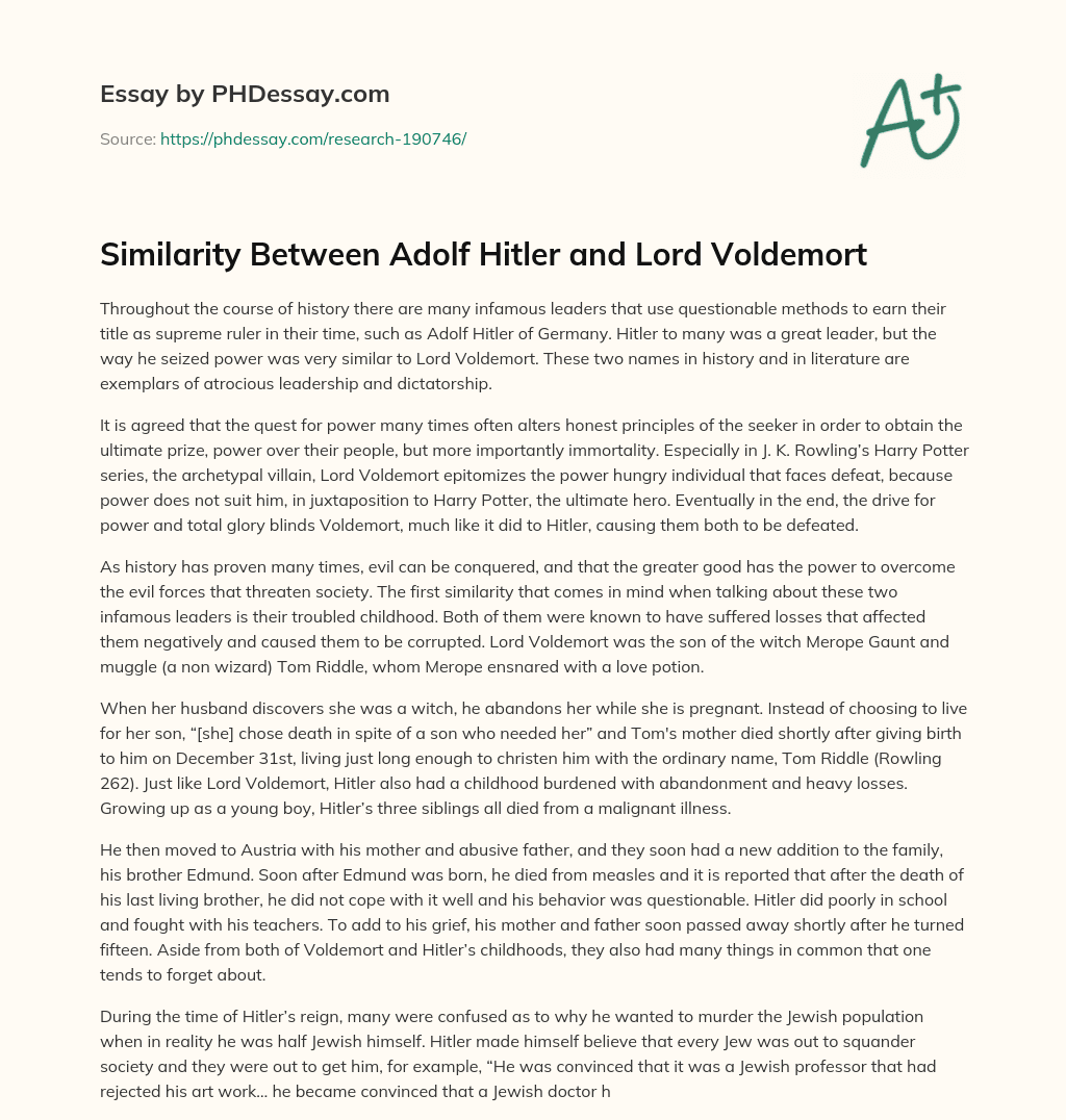 Similarity Between Adolf Hitler and Lord Voldemort essay