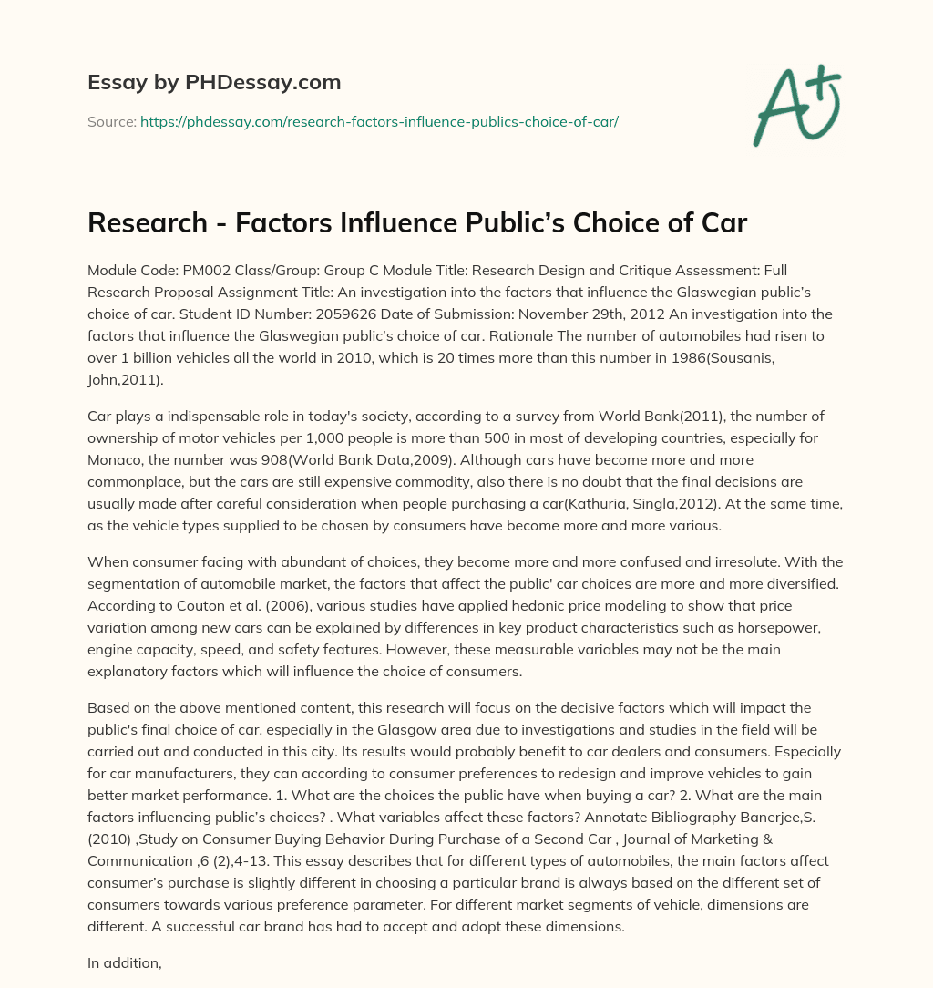 Research – Factors Influence Public’s Choice of Car essay