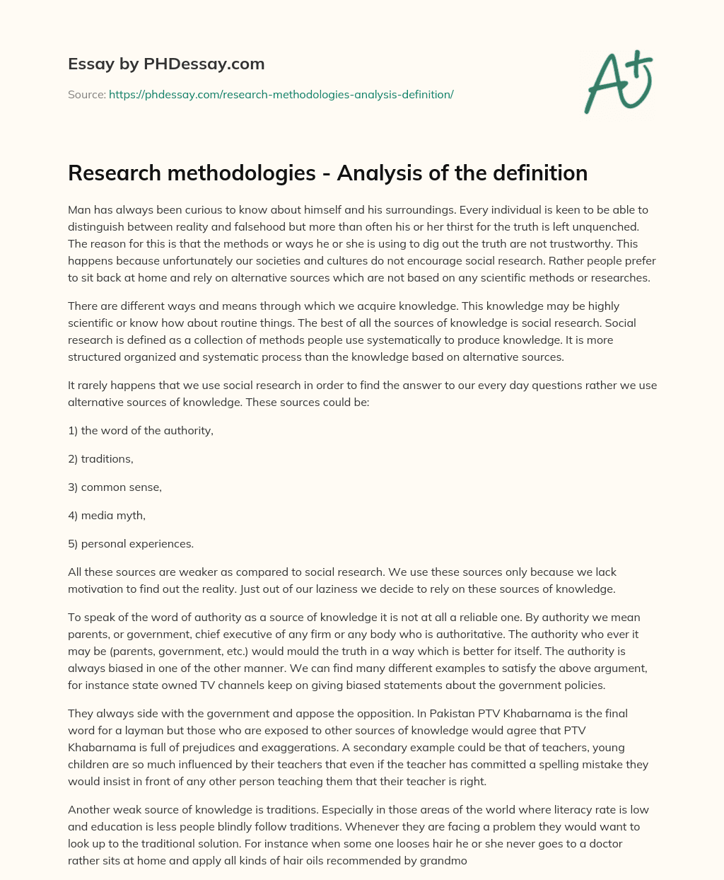 Research methodologies – Analysis of the definition essay