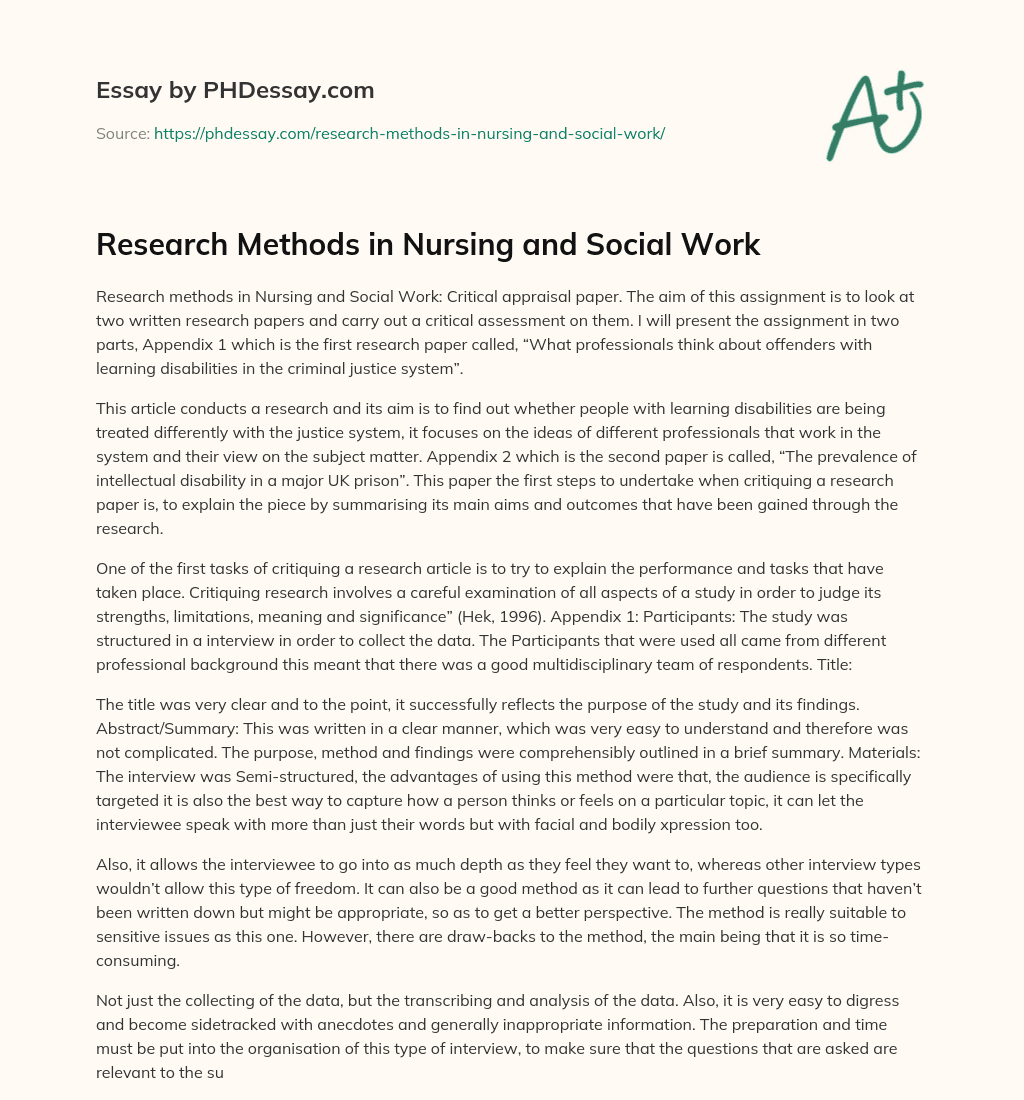 Research Methods in Nursing and Social Work essay