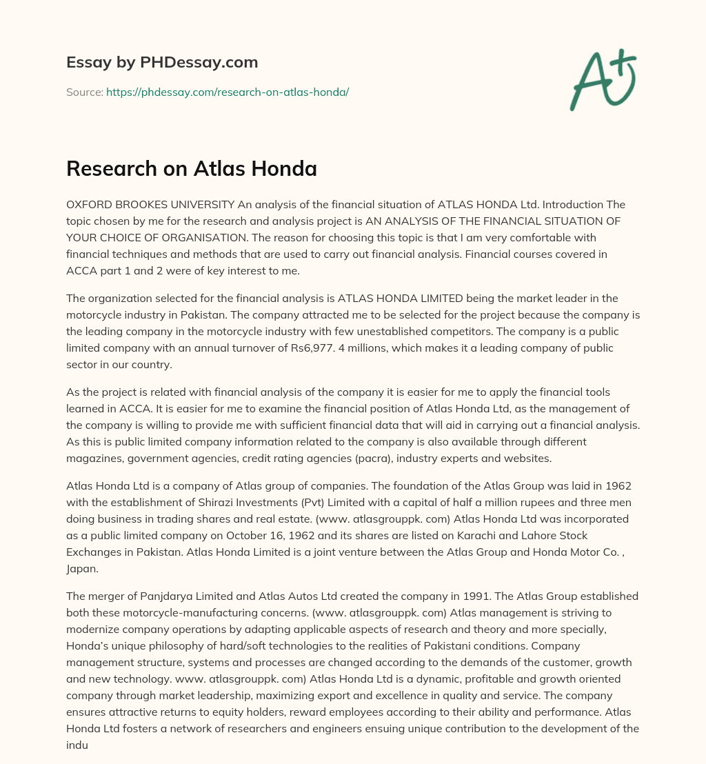 Research on Atlas Honda essay