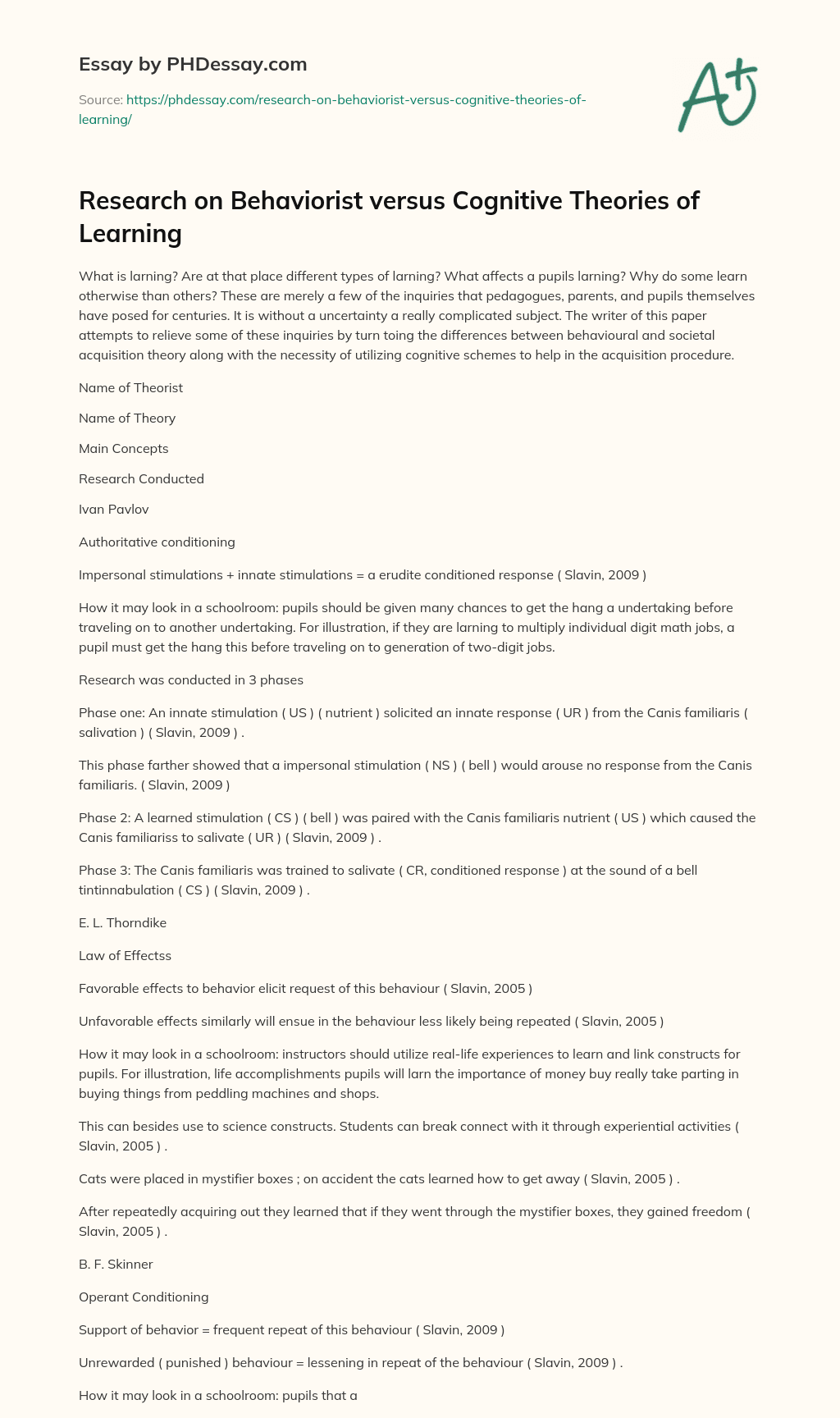 Research on Behaviorist versus Cognitive Theories of Learning essay