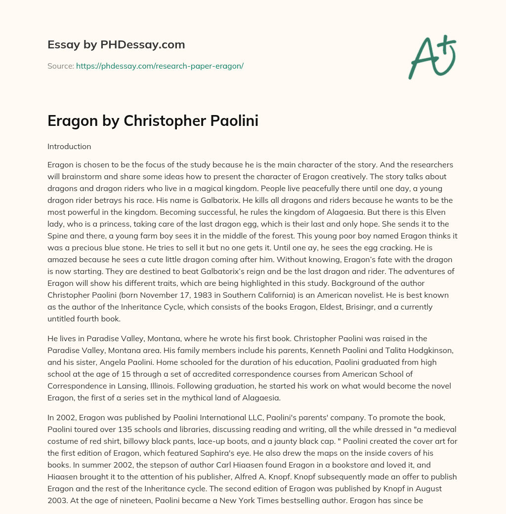 Eragon by Christopher Paolini essay