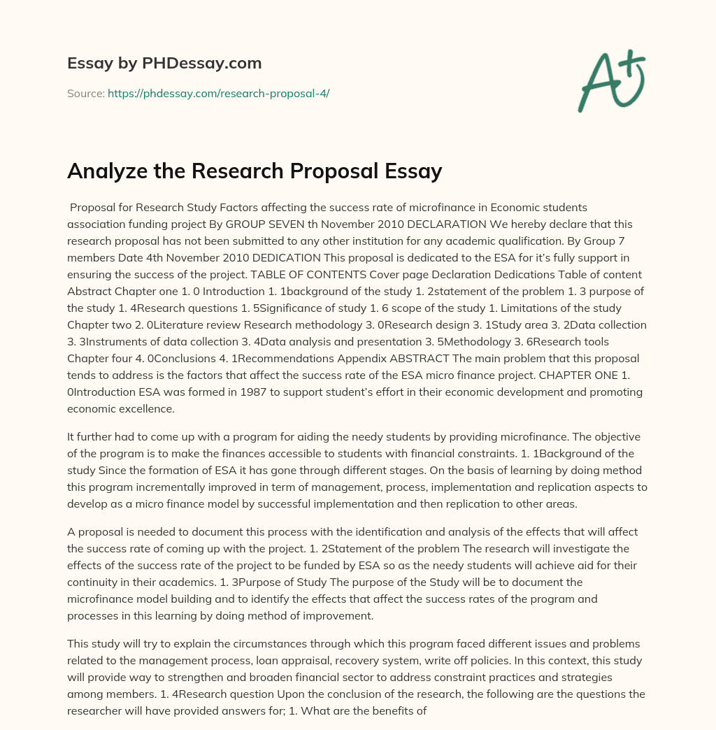 Proposal for Research Study: Factors Affecting Microfinance Success in ESA Funding Project essay