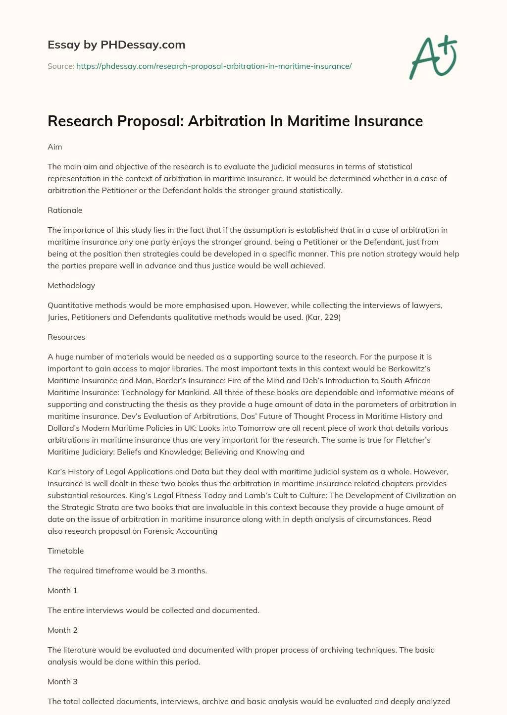 Research Proposal: Arbitration In Maritime Insurance essay