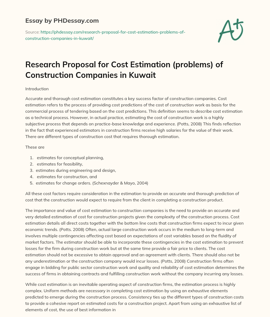 Research Proposal for Cost Estimation (problems) of Construction Companies in Kuwait essay