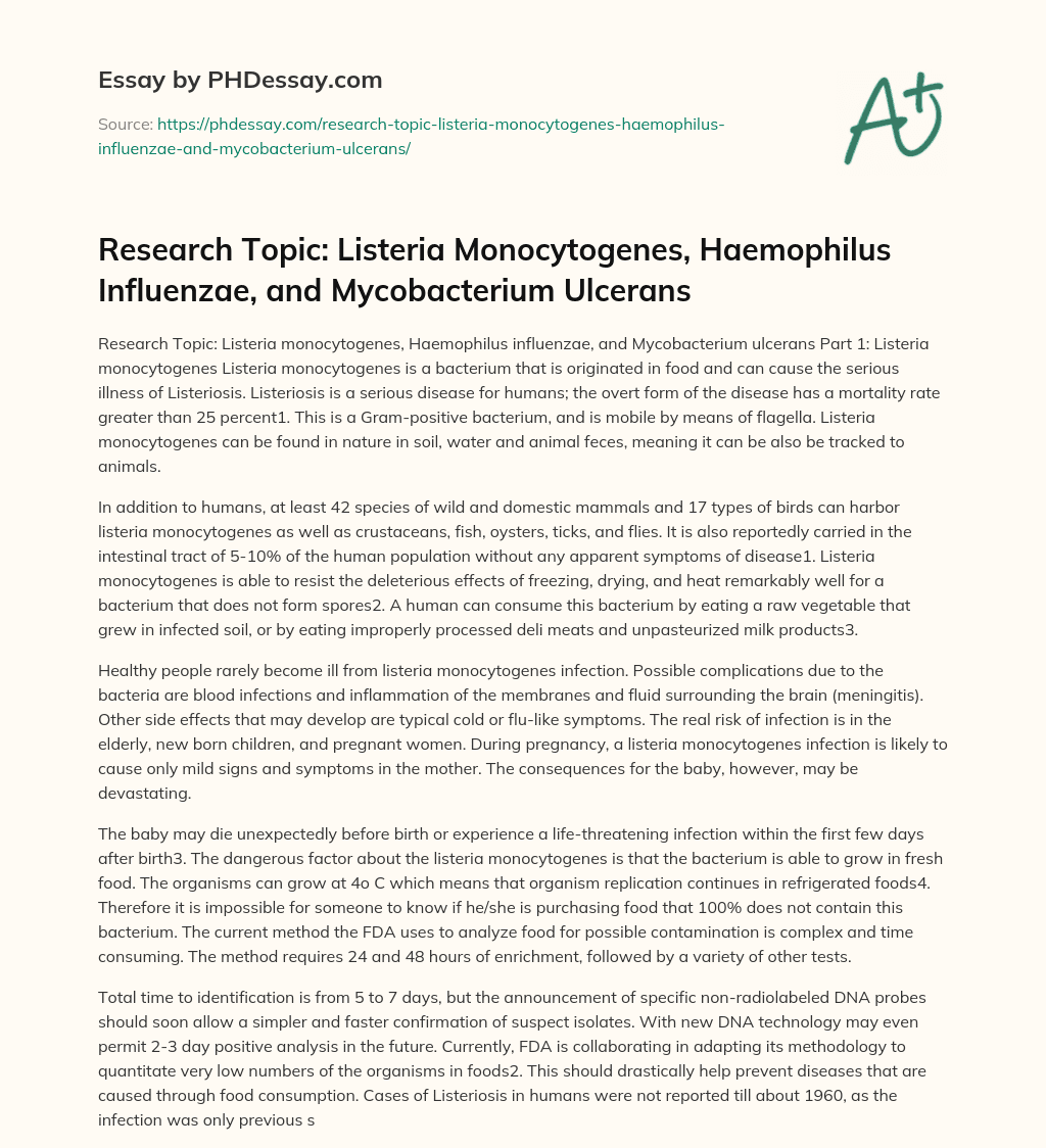 Research Topic: Listeria Monocytogenes, Haemophilus Influenzae, and Mycobacterium Ulcerans essay
