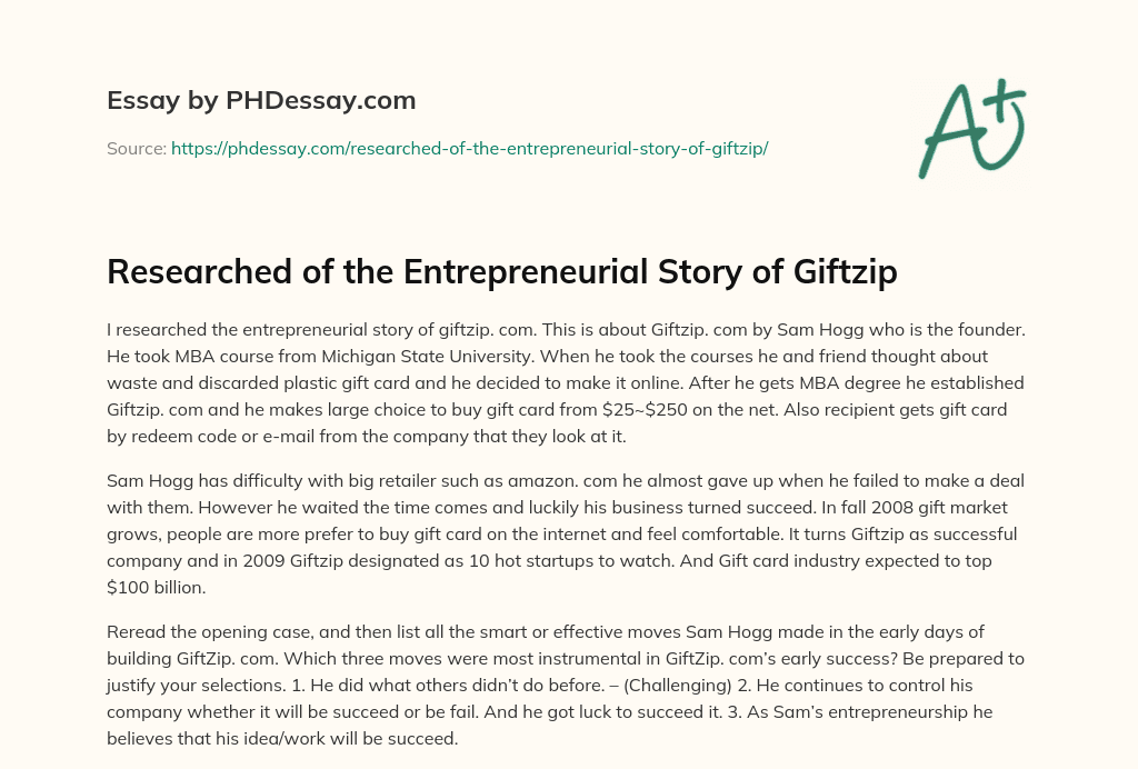 Researched of the Entrepreneurial Story of Giftzip essay
