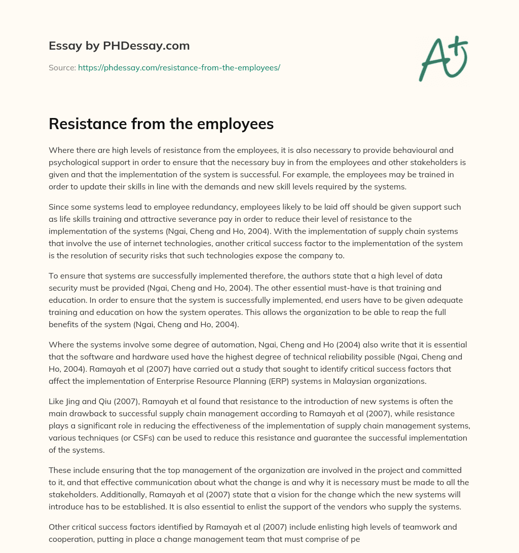 Resistance from the employees essay