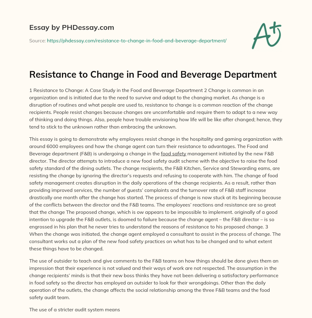 Resistance to Change in Food and Beverage Department essay