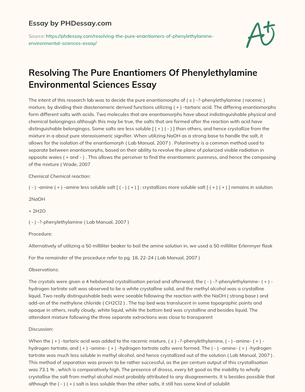 Resolving The Pure Enantiomers Of Phenylethylamine Environmental Sciences Essay essay