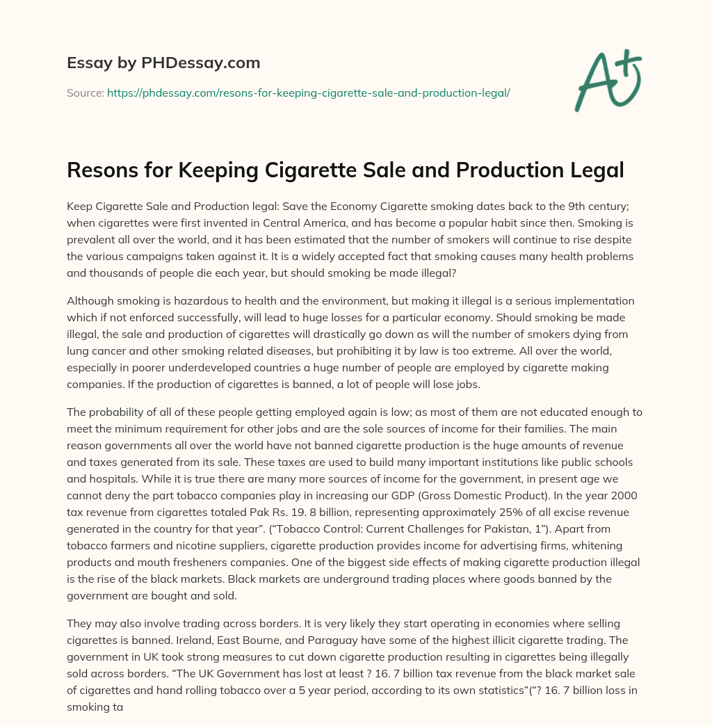 Resons for Keeping Cigarette Sale and Production Legal essay