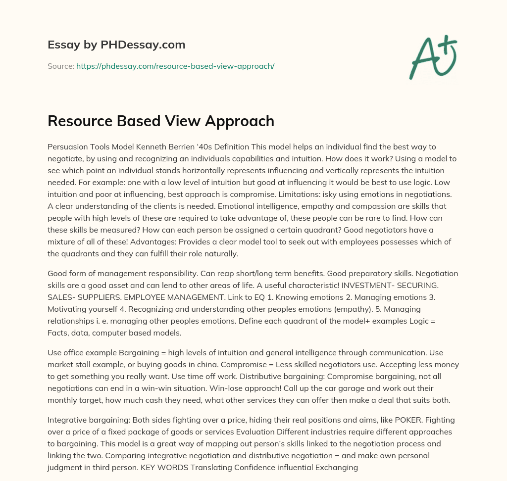 Resource Based View Approach essay