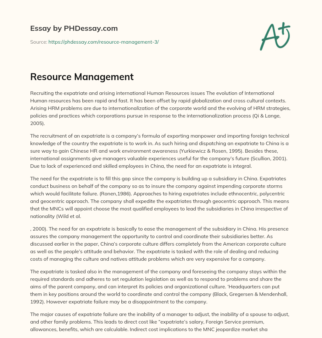 Resource Management essay