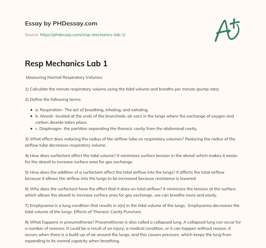 Resp Mechanics Lab 1 essay