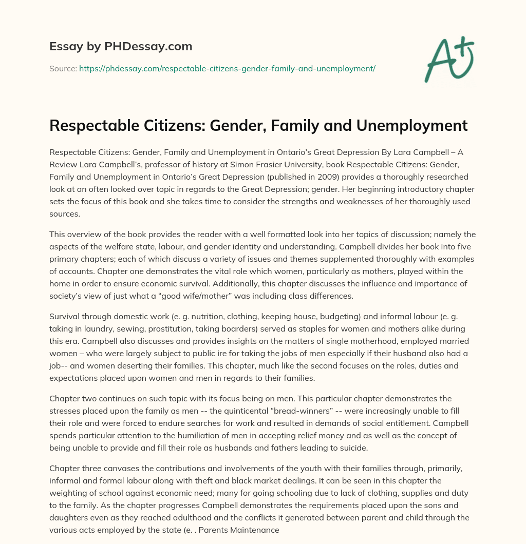 Respectable Citizens: Gender, Family and Unemployment essay