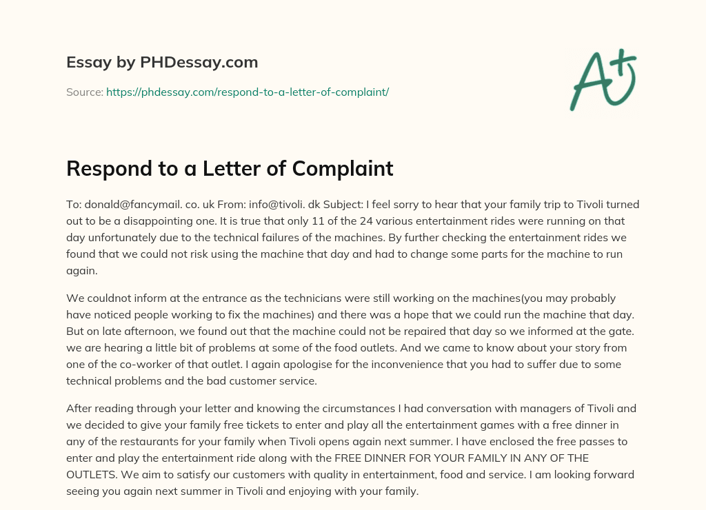 Respond to a Letter of Complaint (300 Words) - PHDessay.com