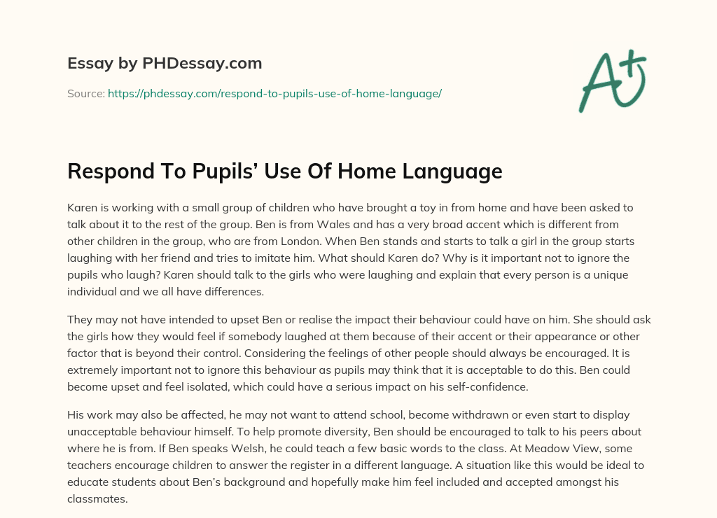 Respond To Pupils’ Use Of Home Language essay