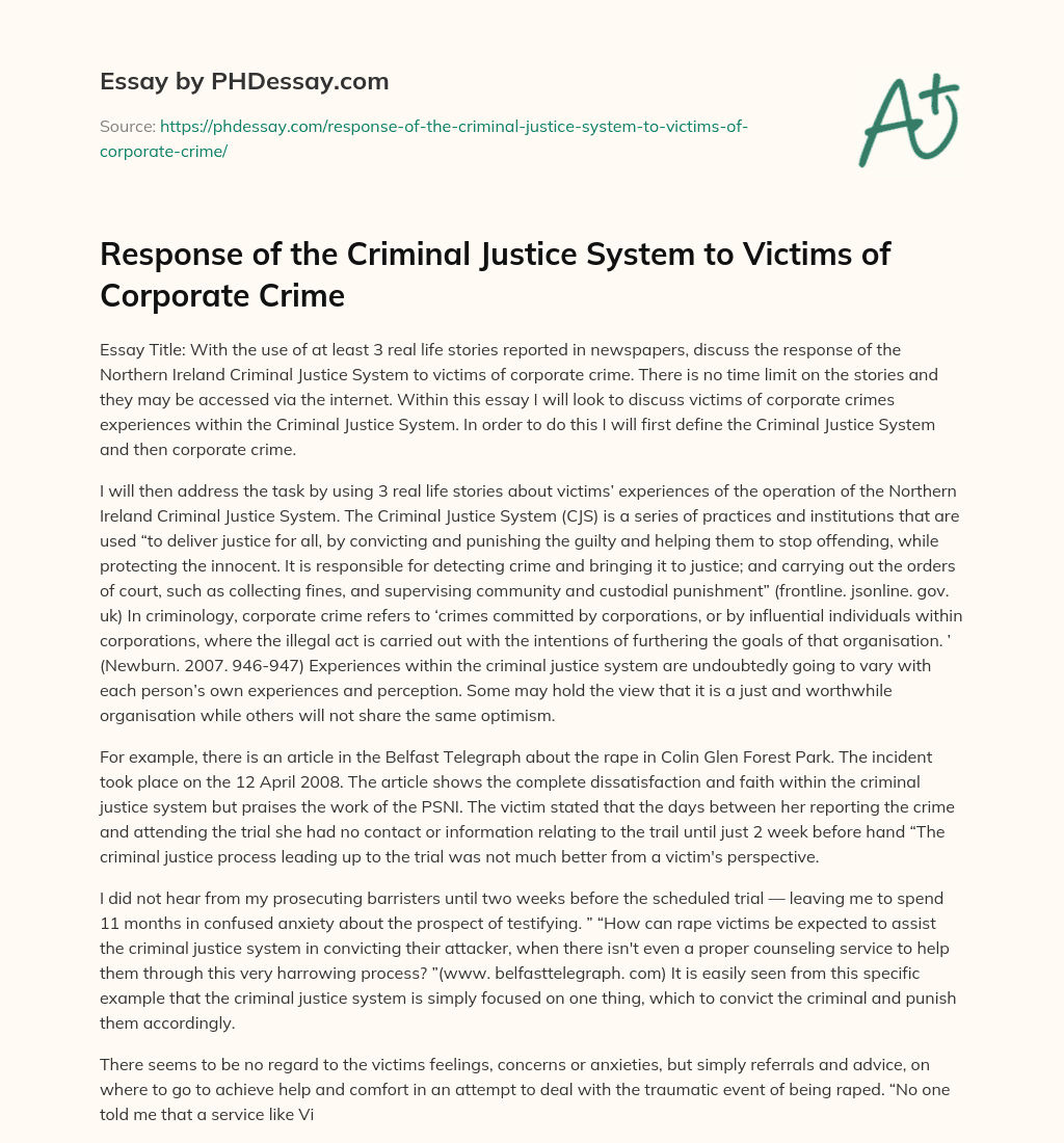 Response of the Criminal Justice System to Victims of Corporate Crime essay