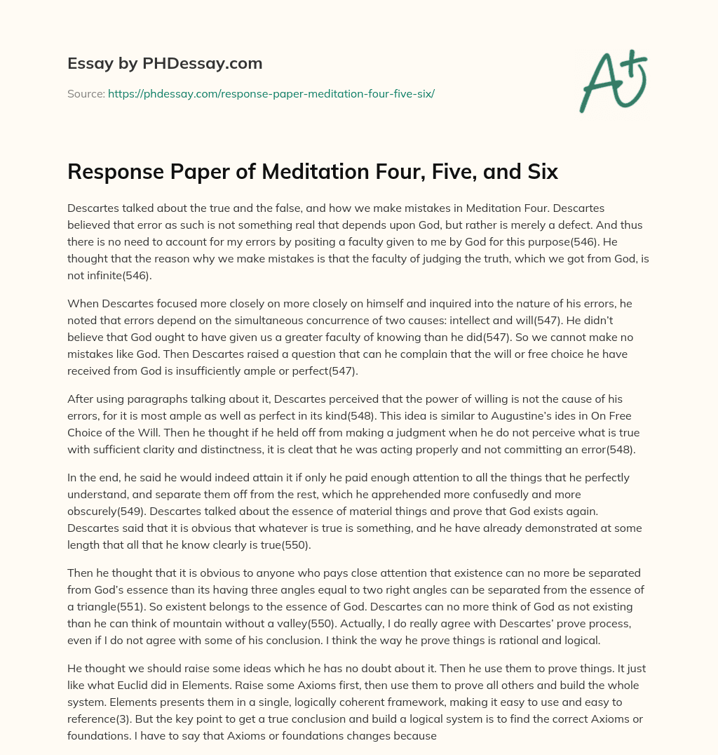 Response Paper of Meditation Four, Five, and Six essay
