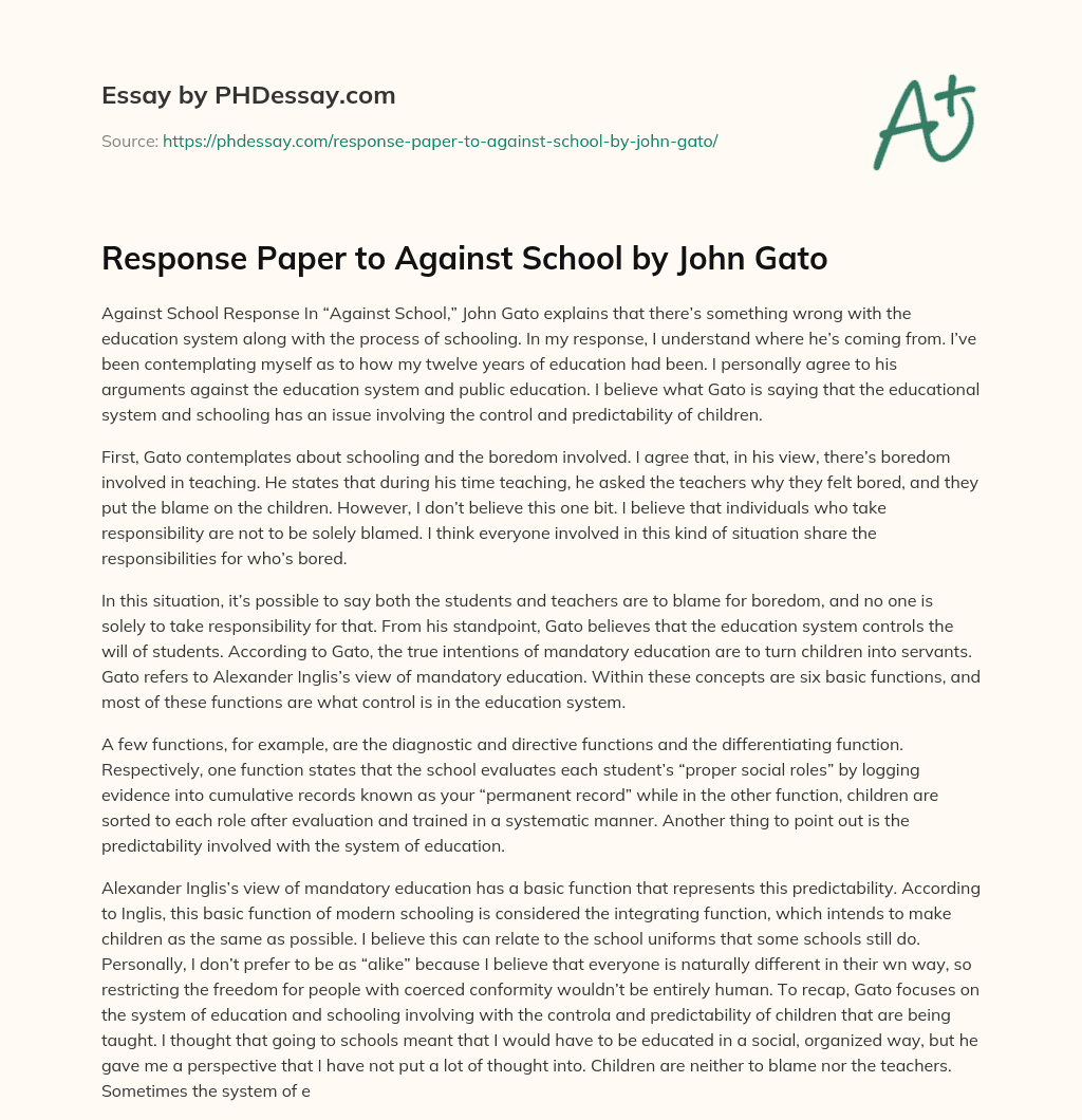 Response Paper to Against School by John Gato essay