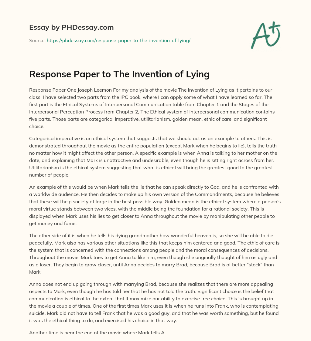 Response Paper to The Invention of Lying