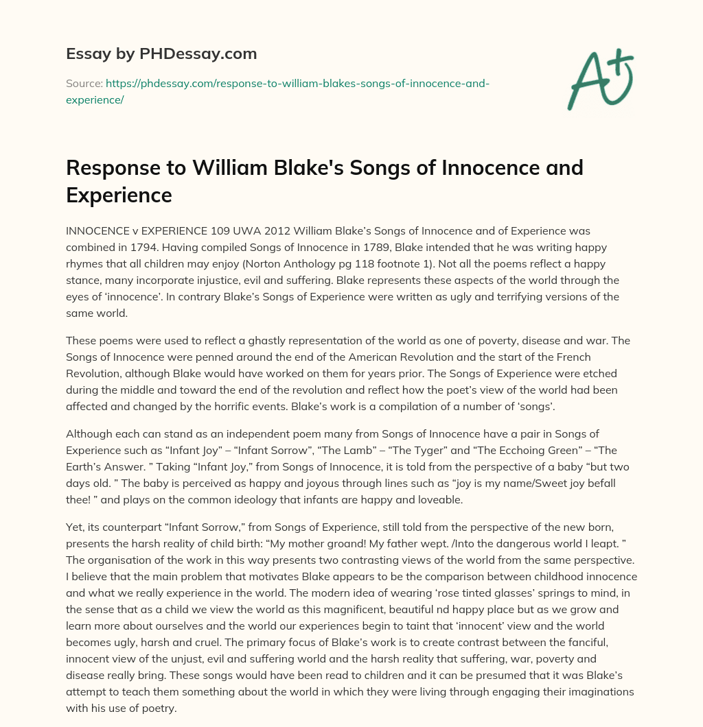 Response to William Blake’s Songs of Innocence and Experience essay