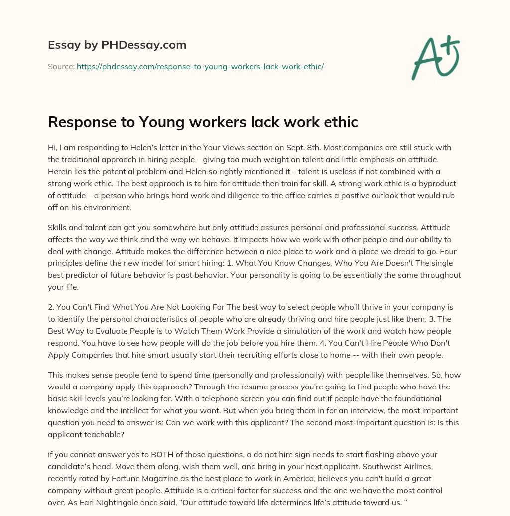 Response to Young workers lack work ethic essay