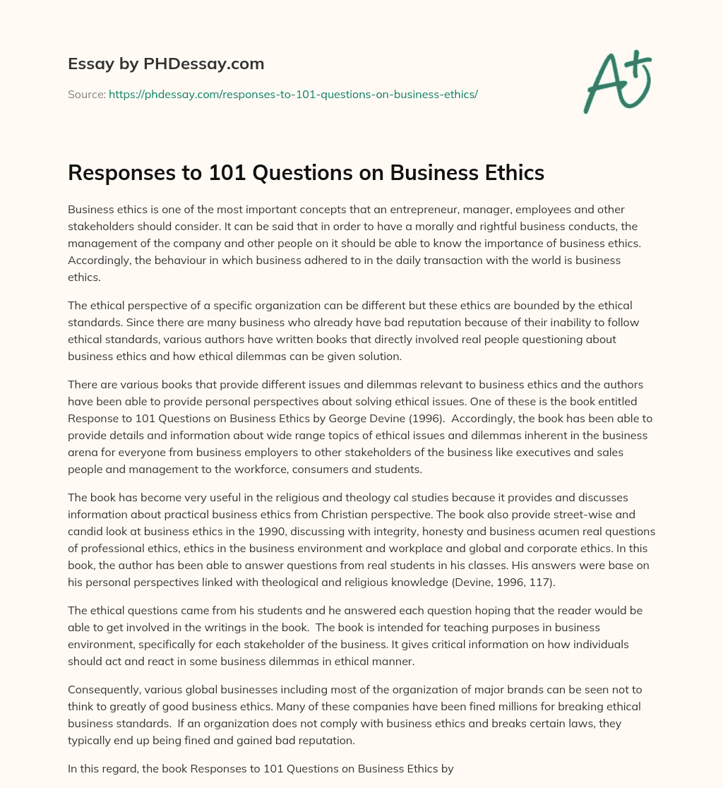 Responses to 101 Questions on Business Ethics essay