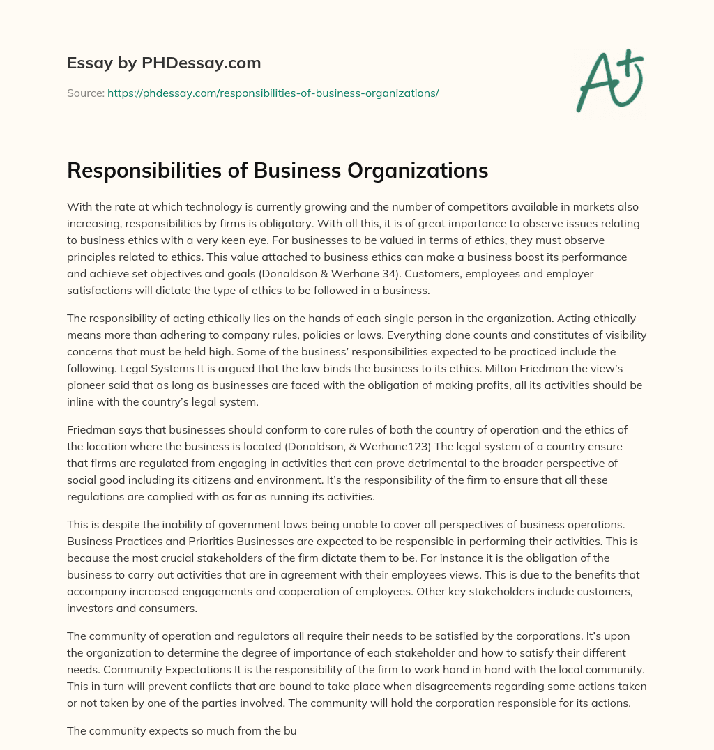 Responsibilities of Business Organizations essay