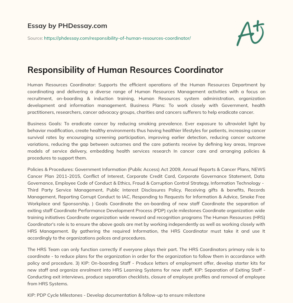 Responsibility of Human Resources Coordinator essay