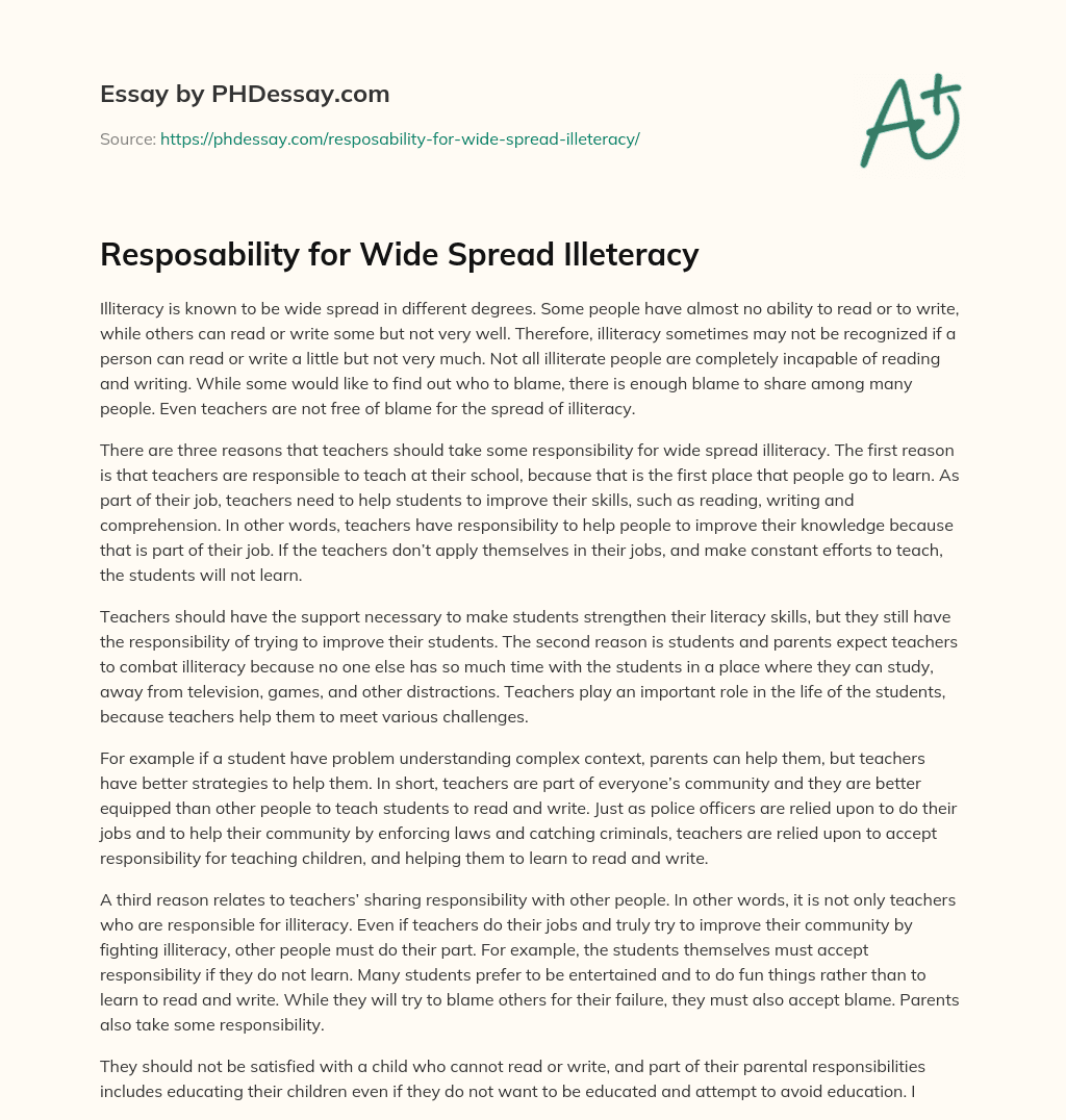 Resposability for Wide Spread Illeteracy essay