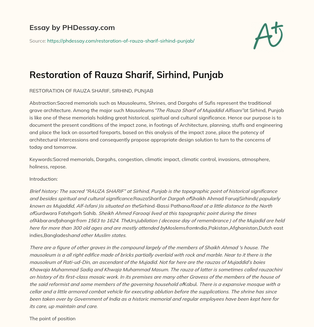 Restoration of Rauza Sharif, Sirhind, Punjab essay