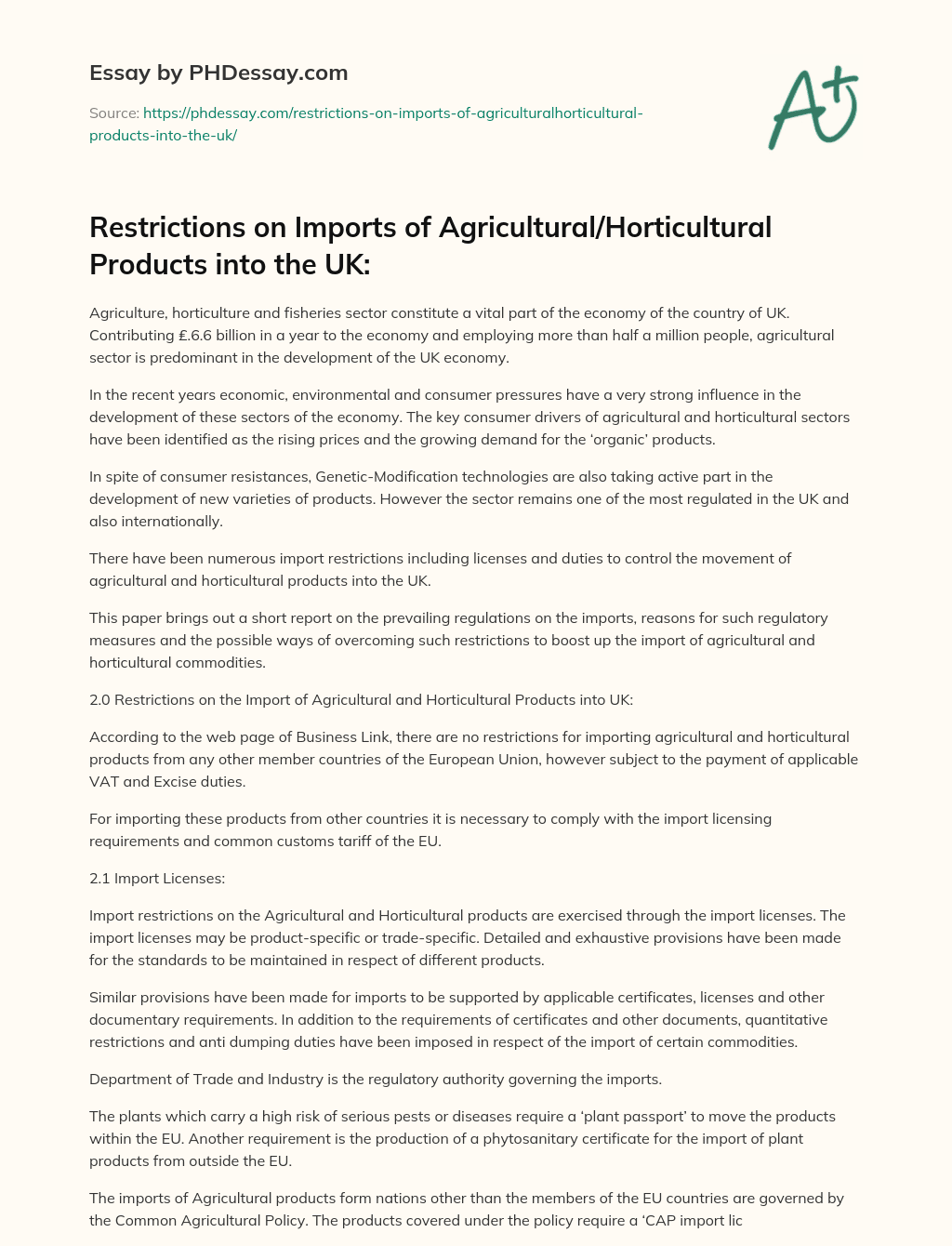 Restrictions on Imports of Agricultural/Horticultural Products into the UK: essay
