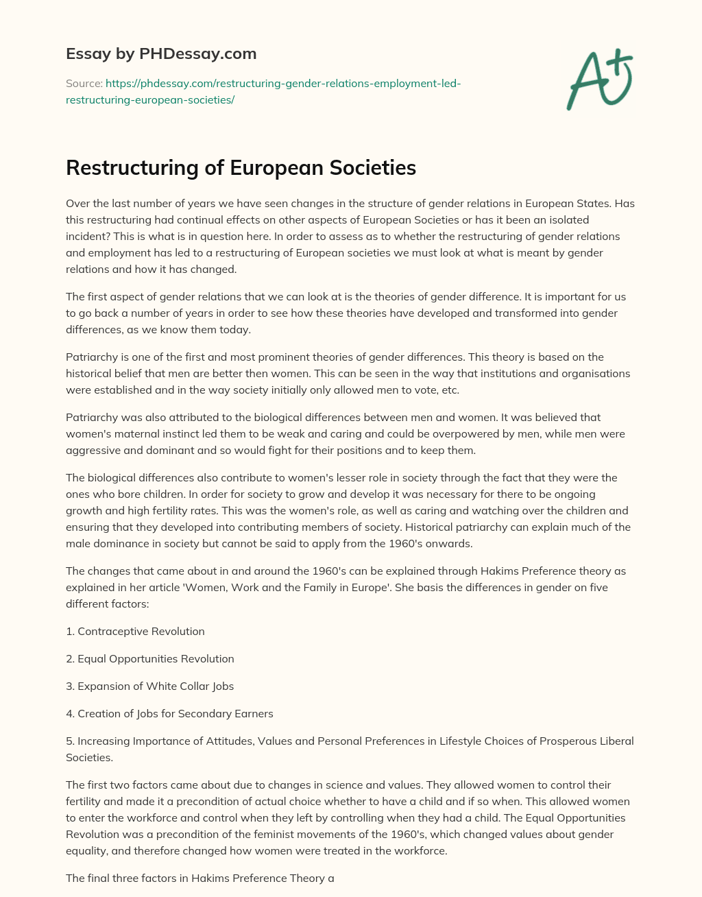 Restructuring of European Societies essay