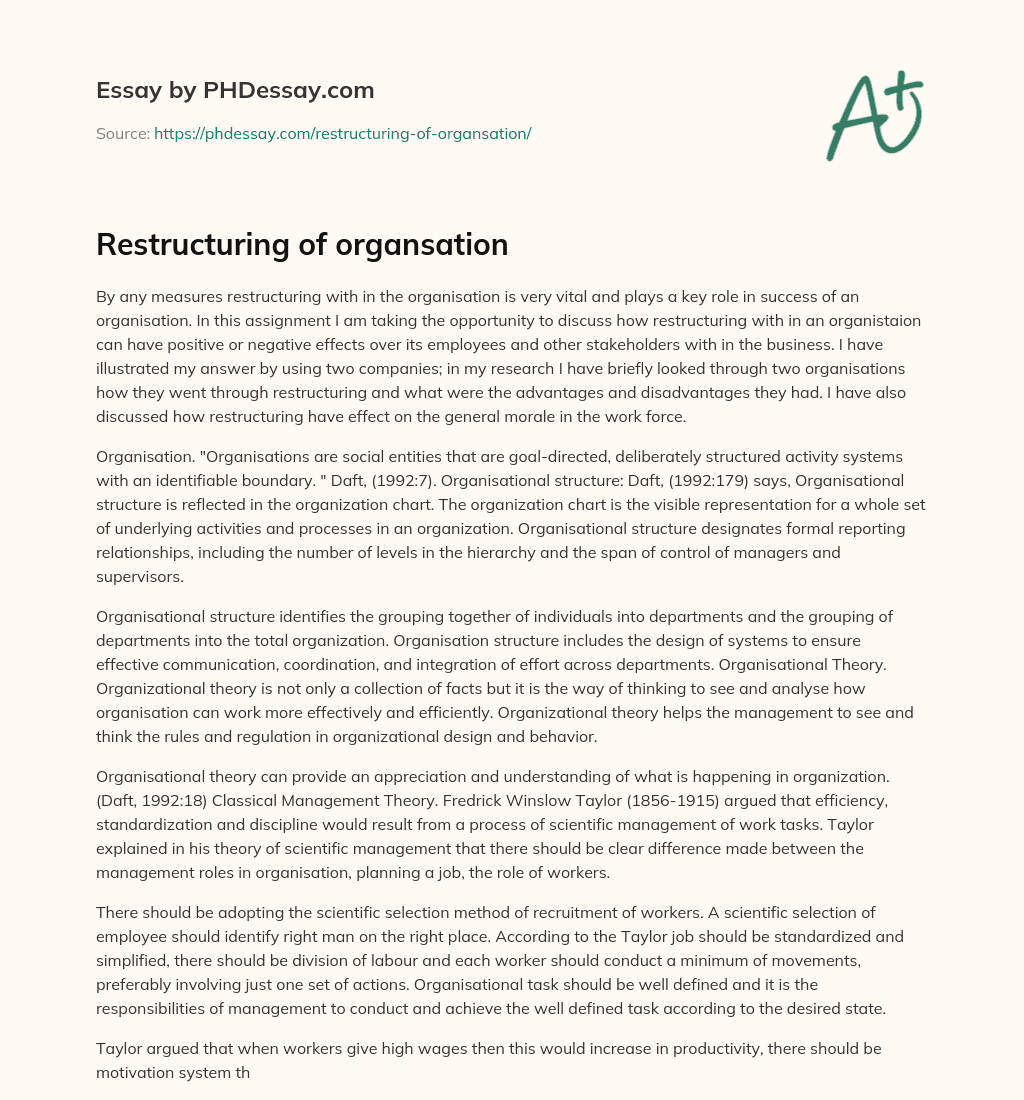 Restructuring of organsation essay